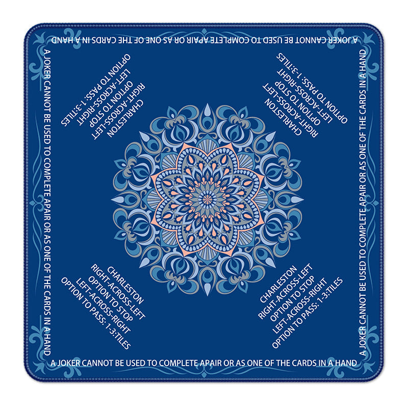 Dark navy mandala square mahjong mat, decorative floral mandala with American mahjong printed rules