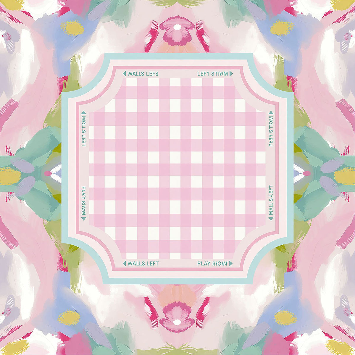 Pastel watercolor mahjong mat, pink white gingham play area surrounded by abstract painted floral art, game direction labels