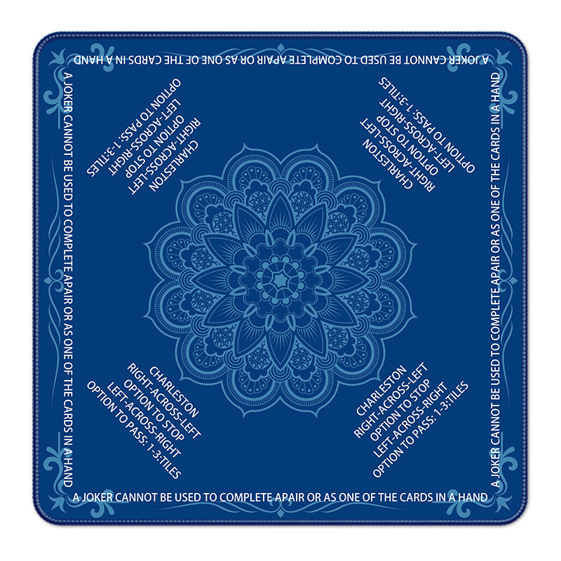 Navy blue mandala American mahjong table mat printed with Charleston passing rules and joker usage reminders