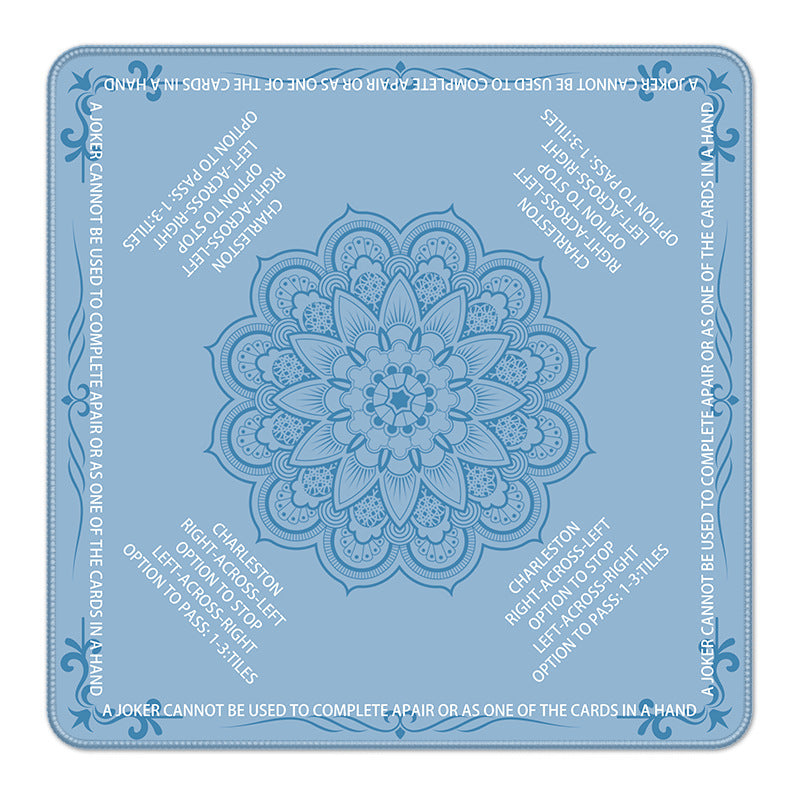 Light sky blue square American mahjong table mat with white mandala pattern and printed Charleston & joker game rules