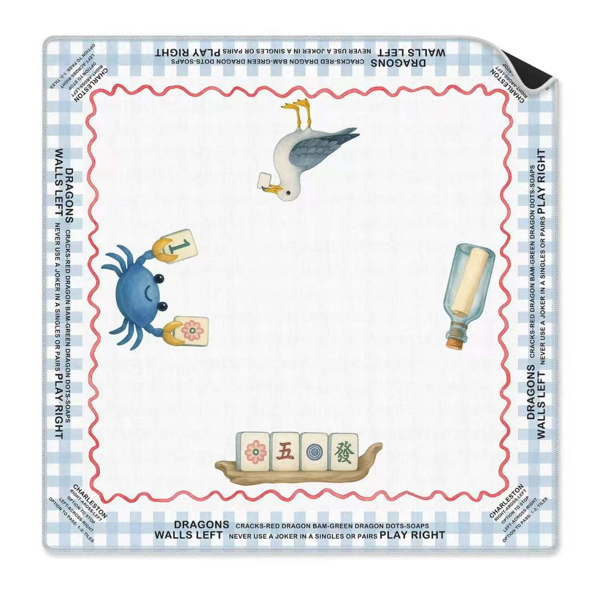 Cute coastal watercolor mahjong game mat, blue gingham border, crab, seagull and driftwood mahjong tiles illustration for american mahjong