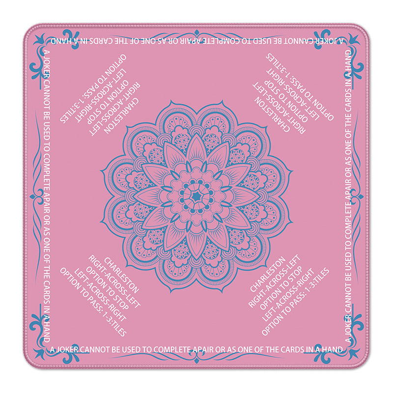 Soft pink square mahjong mat, blue line mandala design with American mahjong Charleston passing rules printed around border