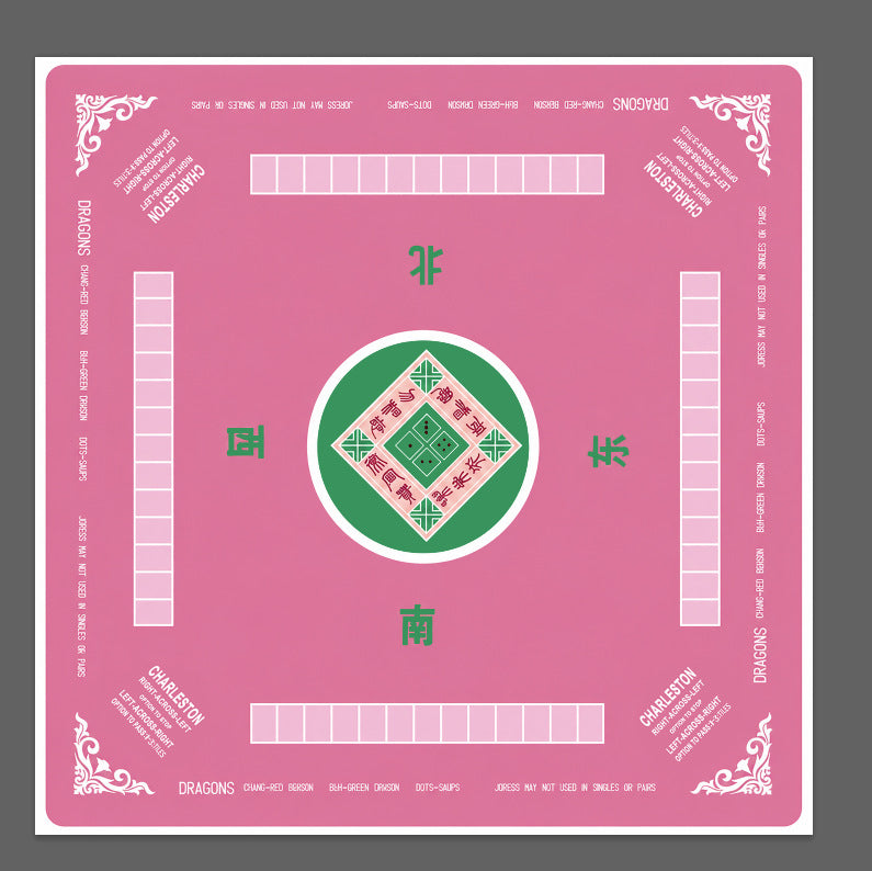 Solid pink american mahjong table mat, four directional markers north south east west, green center mahjong tile graphic and game rule text