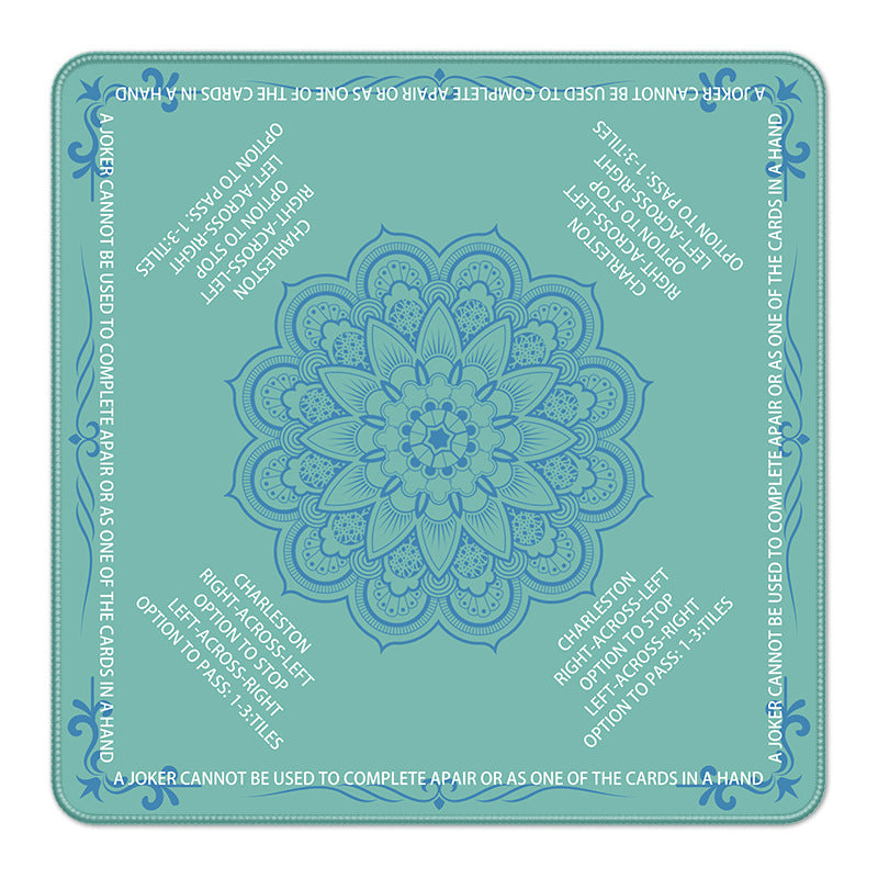 Mint teal mahjong table mat with delicate light blue mandala artwork and printed American mahjong gameplay rules
