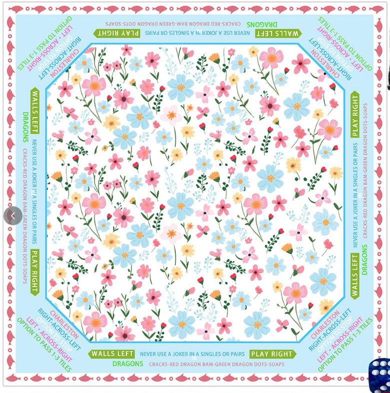 Bright wildflower mahjong table mat, white background full of colorful mixed meadow flowers, printed walls left and play right guide for mahjong game