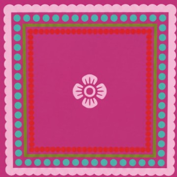 Retro boho square mahjong mat, deep magenta base, decorative dotted layered border with simple white flower motif at center