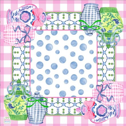 Preppy watercolor mahjong table mat, pink gingham background, ginger jars and blue polka dot playing zone with ribbon decor