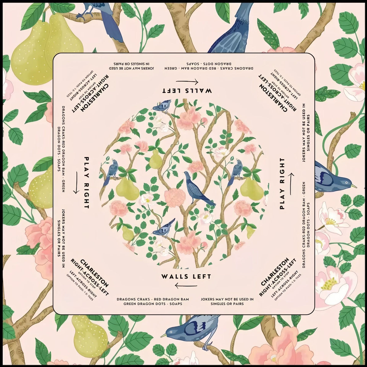 Soft pink botanical mahjong mat, pear tree, blue birds and blooming flowers, printed american mahjong play direction and rules