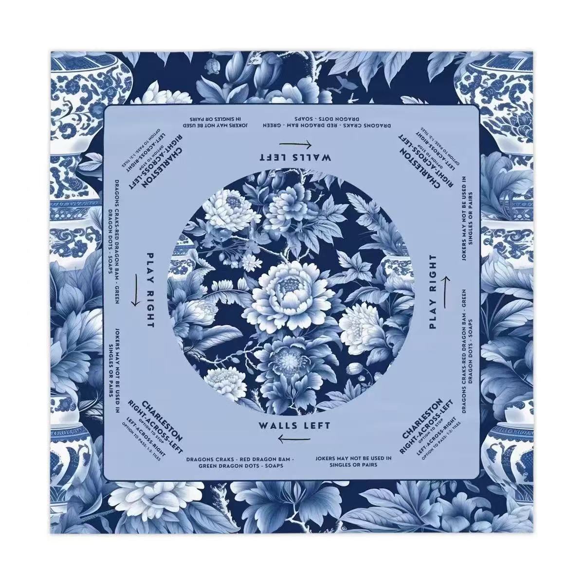 Blue and white chinoiserie mahjong game mat, porcelain peony floral pattern, printed mahjong walls left and play right guide
