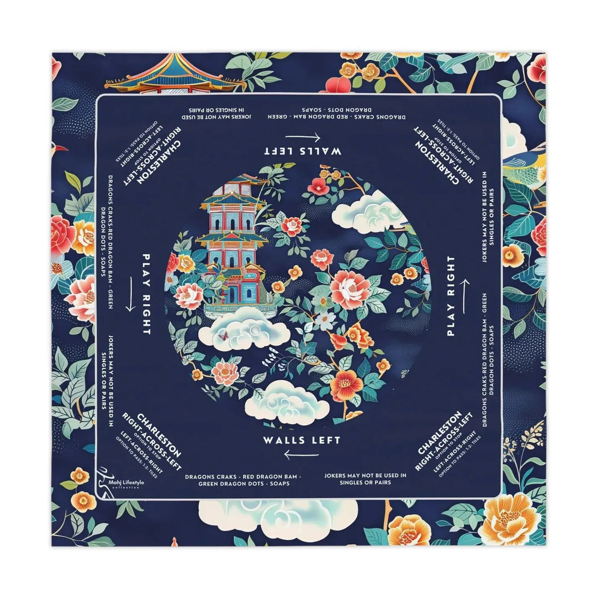 Oriental pagoda floral mahjong table mat, dark navy background with traditional chinese tower and peony flowers, american mahjong rule print