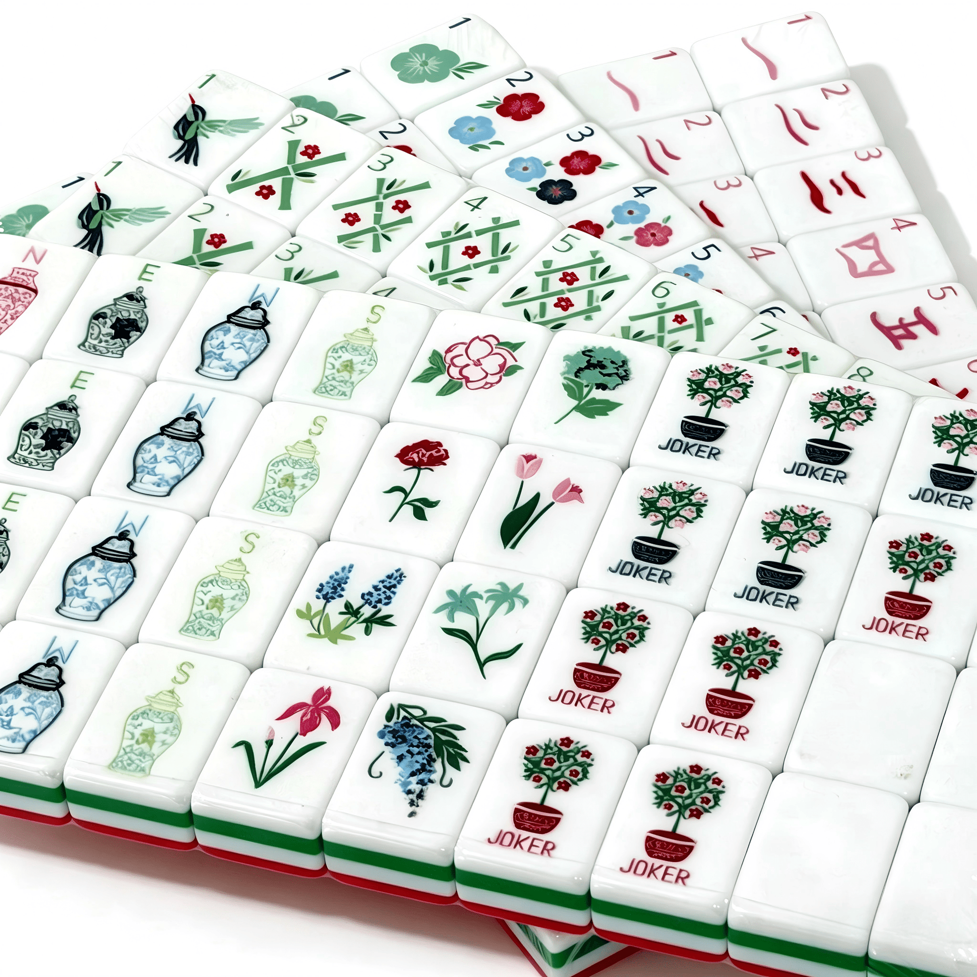 American Mahjong Set by USA Mahjong Co. with 166 weighted acrylic tiles featuring bold ruby red backs and Jokers.