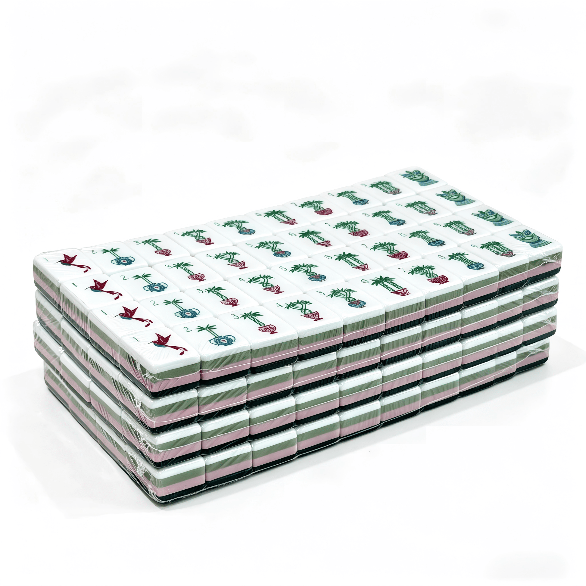 32g weighted Emerald Garden American Mahjong tiles by USA Mahjong Co., with translucent jade-green backs and detailed faces.