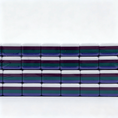 32g Galaxy Sparkle American Mahjong tiles with shimmering purple glitter backs, weighted for professional play.
