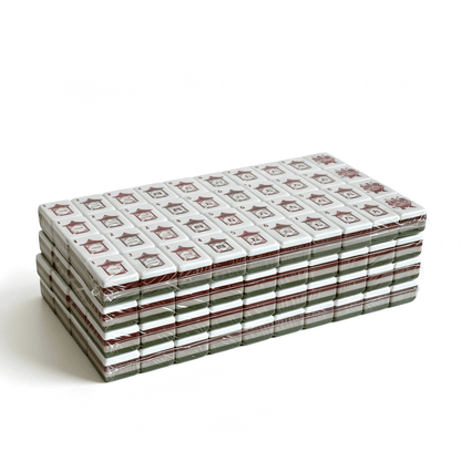 32g weighted Olive Grove American Mahjong tiles with earthy sage green backs, showcasing professional aesthetic