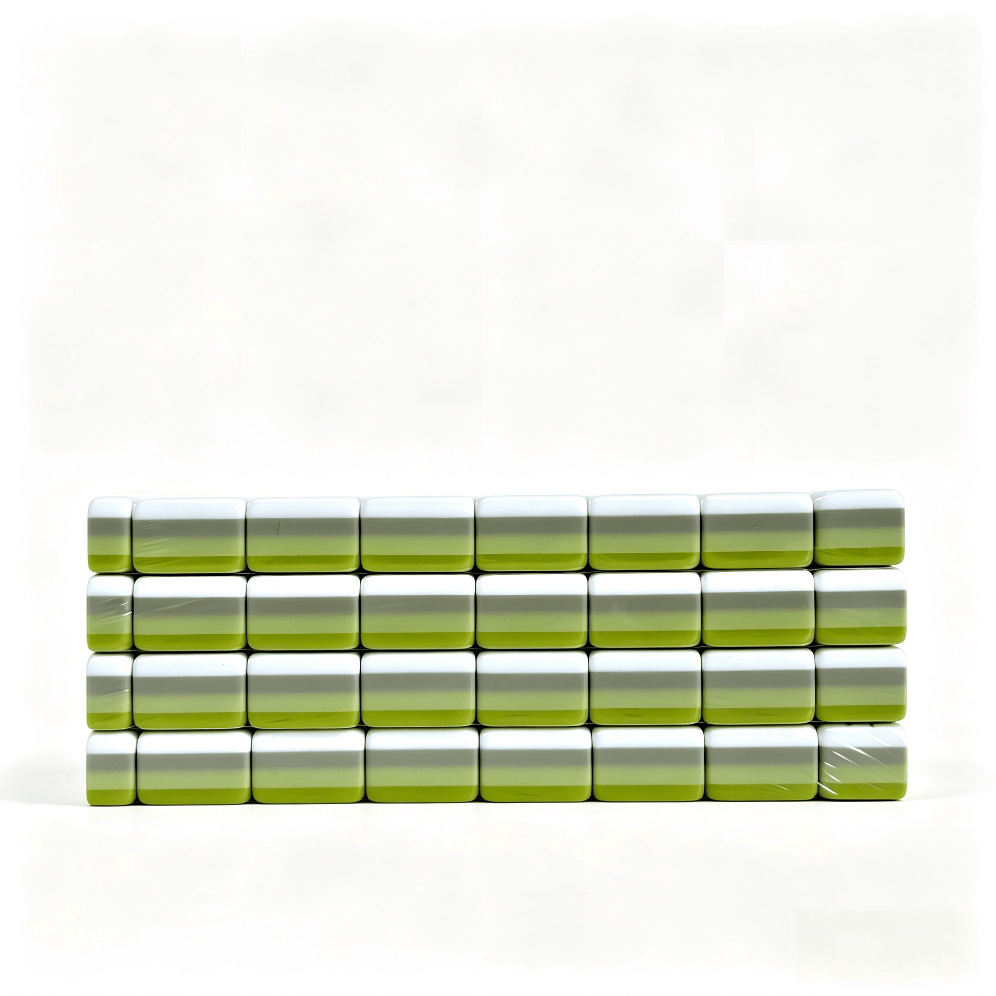 Side profile of 32g weighted Apple Mint Parfait American Mahjong set with green gradient acrylic tiles by USA Mahjong Co.