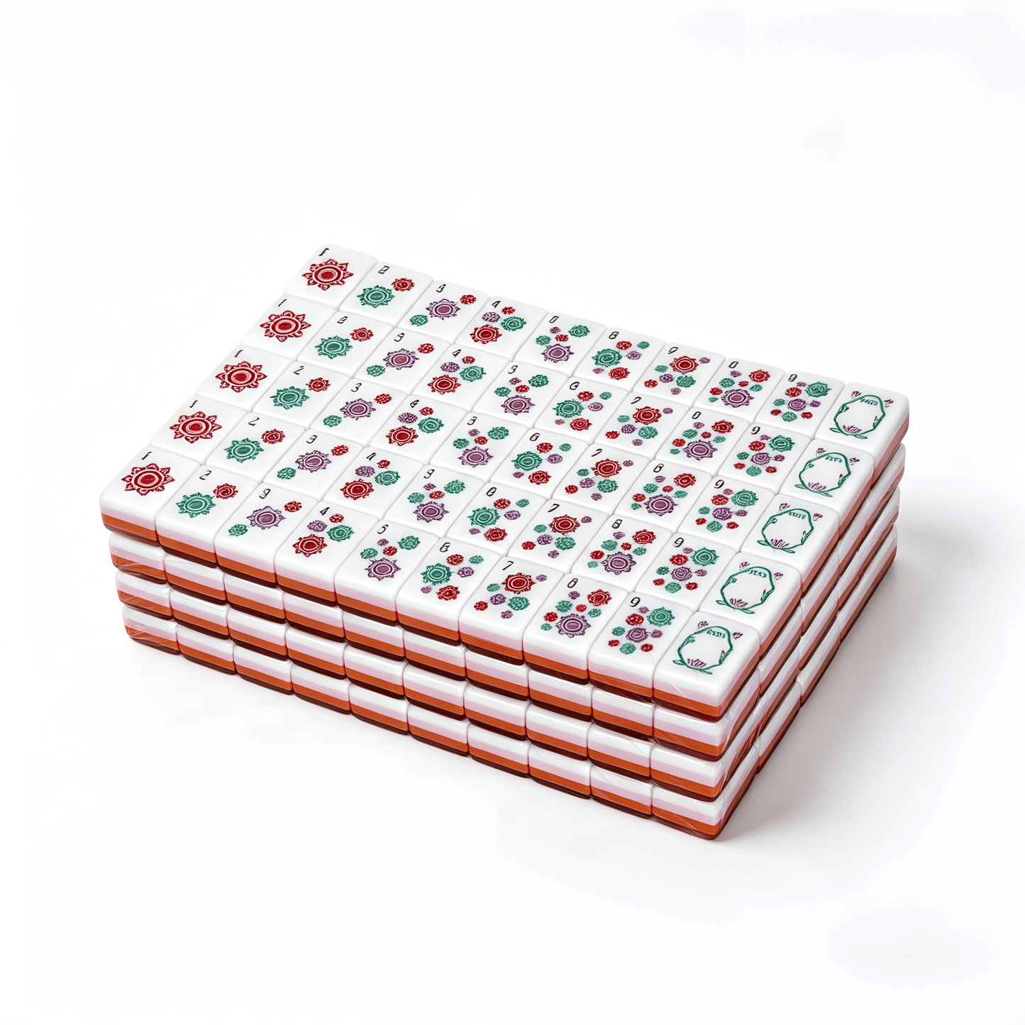 Side profile of 32g weighted Rose Quartz American Mahjong tiles with marbled pink backs, from USA Mahjong Co.