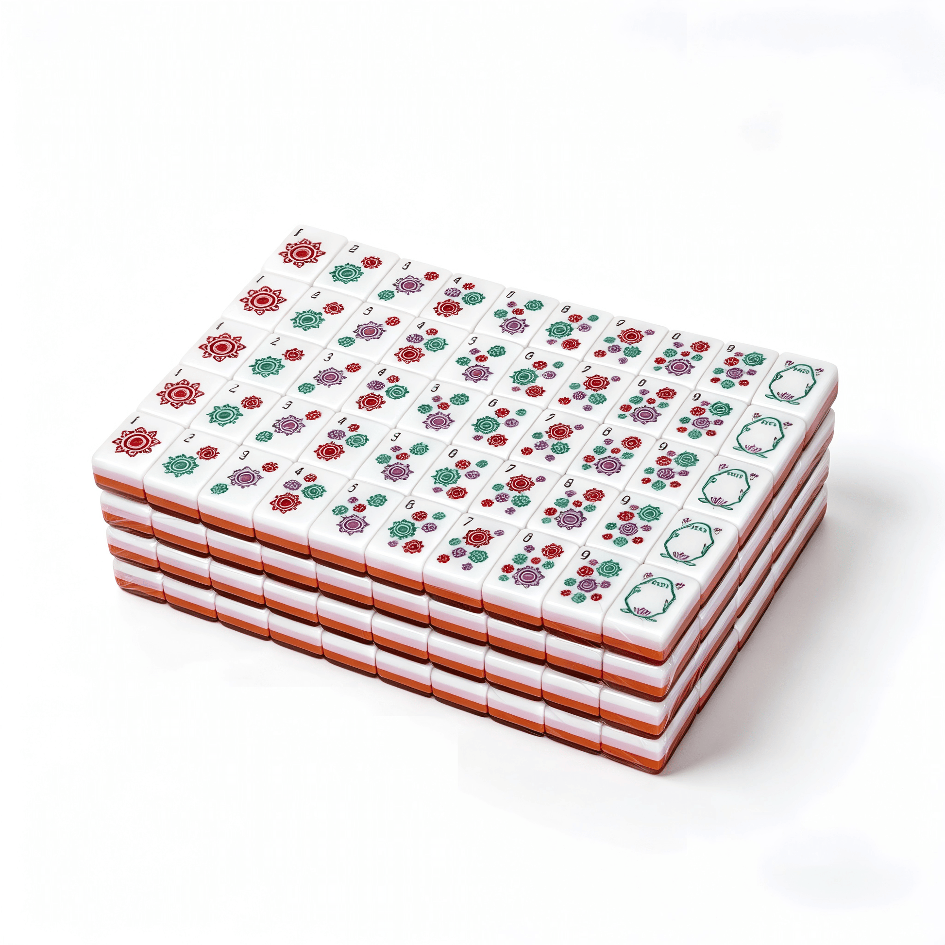 Side profile of 32g weighted Rose Quartz American Mahjong tiles with marbled pink backs, from USA Mahjong Co.