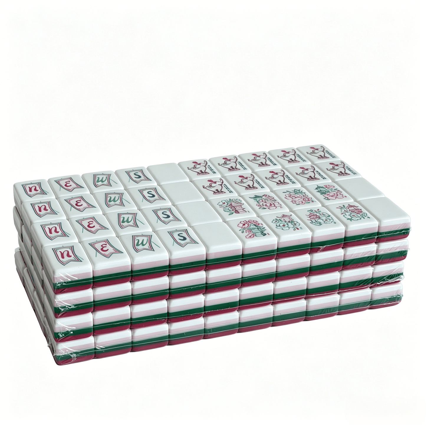 32g weighted Magenta Monarch American Mahjong set tiles with rose red color and grey-blue backs by USA Mahjong Co.