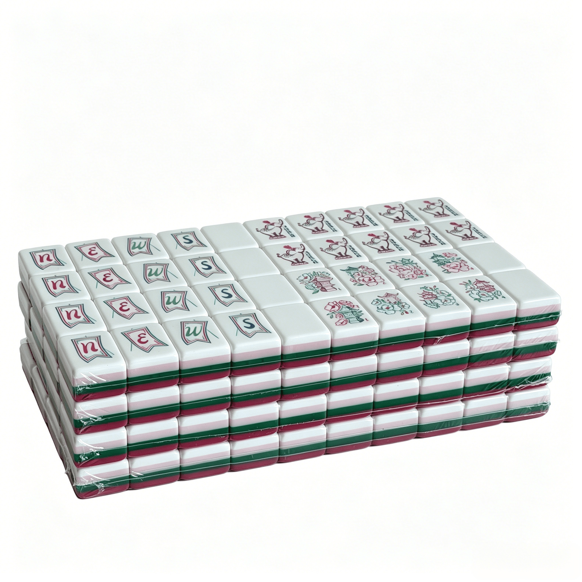32g weighted Magenta Monarch American Mahjong set tiles with rose red color and grey-blue backs by USA Mahjong Co.