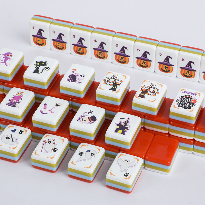 Spooky Night Mahjong Tiles Set – Glossy Orange Candy-Corn Striped Tile Backs with Halloween Pumpkin Dot, Spider-Web Bamboo, Coffin Character, Ghost Wind & Trick-or-Treat Joker American Mahjong Suit Art