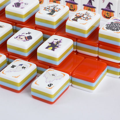Spooky Night Mahjong Tiles Set – Glossy Orange Candy-Corn Striped Tile Backs with Halloween Pumpkin Dot, Spider-Web Bamboo, Coffin Character, Ghost Wind & Trick-or-Treat Joker American Mahjong Suit Art