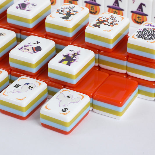 Spooky Night Mahjong Tiles Set – Glossy Orange Candy-Corn Striped Tile Backs with Halloween Pumpkin Dot, Spider-Web Bamboo, Coffin Character, Ghost Wind & Trick-or-Treat Joker American Mahjong Suit Art