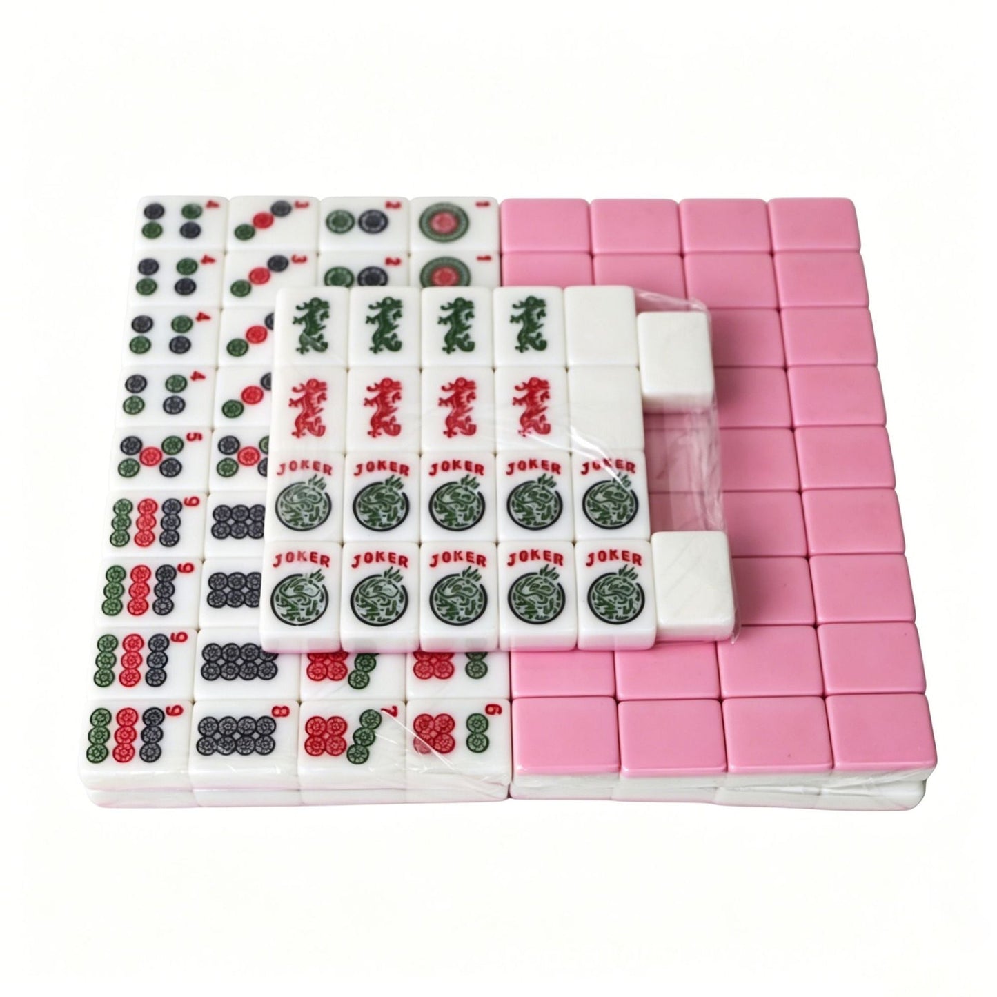 Pink American Mahjong Set with 166 premium melamine tiles, featuring standard-sized 30mm tiles from USA Mahjong Co.