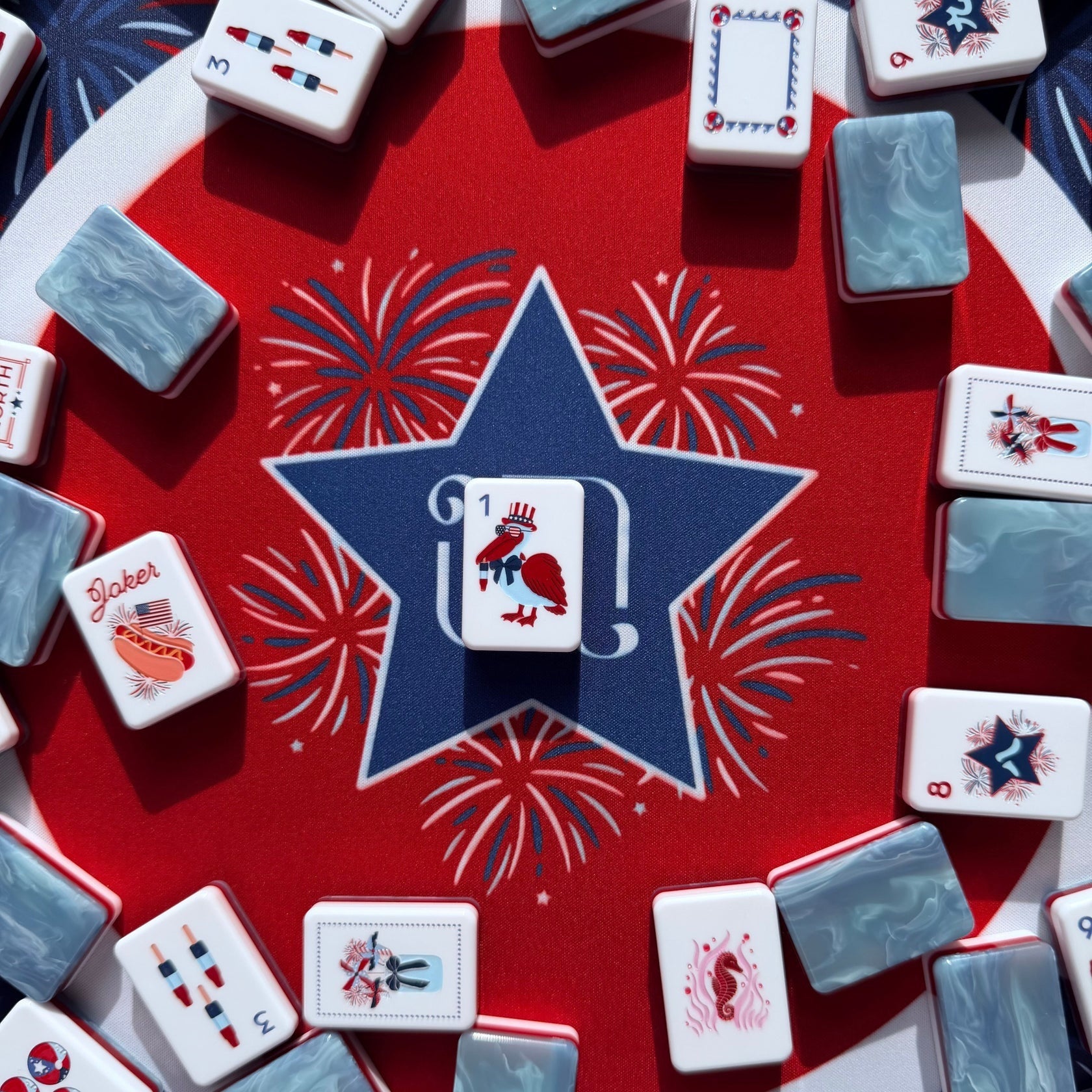 Stars_Stripes_Mahjong_Tiles_Set_Glossy_Light-Blue_Marble_Swirl_Red-White-Striped_Tile_Backs_with_Star-Spangled_Dot_Rocket-Pop_Bamboo_Firework_Character_Fighter-Jet_Wind_Uncle-Sam_Patriotic_Joker_American_Mahjong_Suit_Art