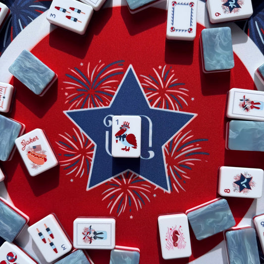 Stars_Stripes_Mahjong_Tiles_Set_Glossy_Light-Blue_Marble_Swirl_Red-White-Striped_Tile_Backs_with_Star-Spangled_Dot_Rocket-Pop_Bamboo_Firework_Character_Fighter-Jet_Wind_Uncle-Sam_Patriotic_Joker_American_Mahjong_Suit_Art