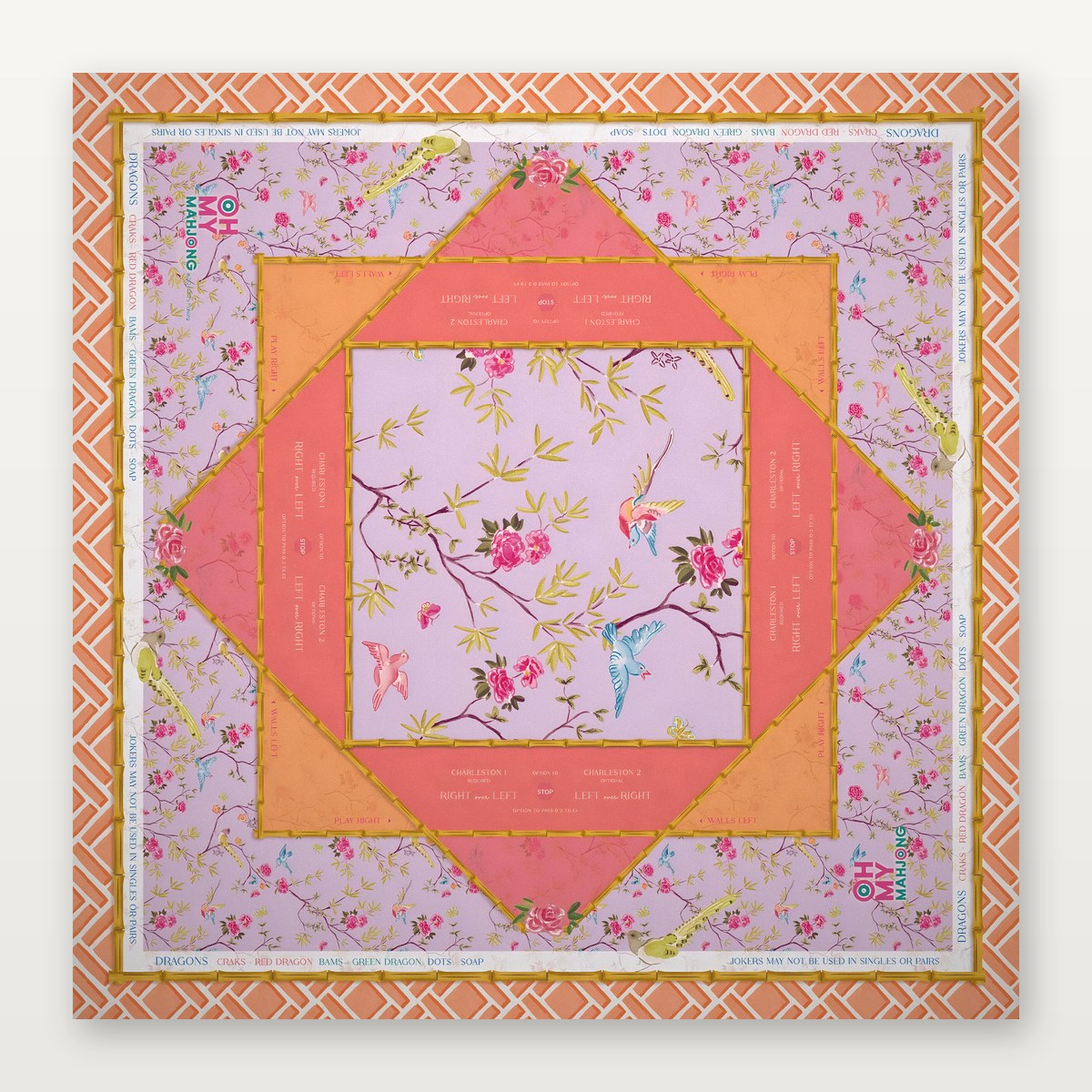 Pink floral American Mahjong Mat by USA Mahjong Co., 800mm non-slip rubber with Charleston passing guides, ideal for Mahjong games.