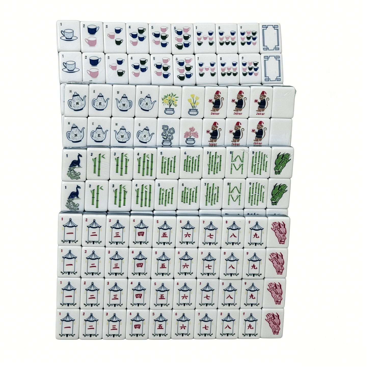 Teal Tea Party American Mahjong Set by USA Mahjong Co. with 160 weighted tiles, deep petrol backs, jokers, and spares.
