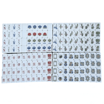 American Mahjong set by USA Mahjong Co. featuring 160 weighted tiles with bold tiger print backs and joker and spare tiles.