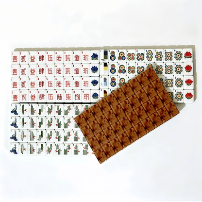 American Mahjong Set with 166 artisan wood-grain tiles featuring tortoiseshell amber backs and bohemian mandala dots.