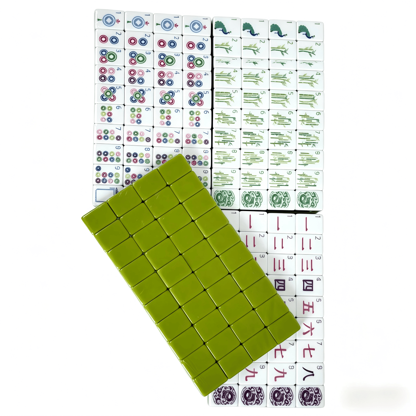 American Mahjong Set by USA Mahjong Co. featuring 160 acrylic tiles with quad-layer apple mint green design and green gradient backs.