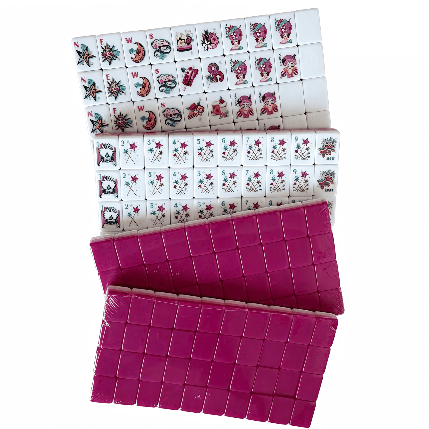 American Mahjong Set with 160 weighted tiles featuring deep magenta backs and playful candy design by USA Mahjong Co.
