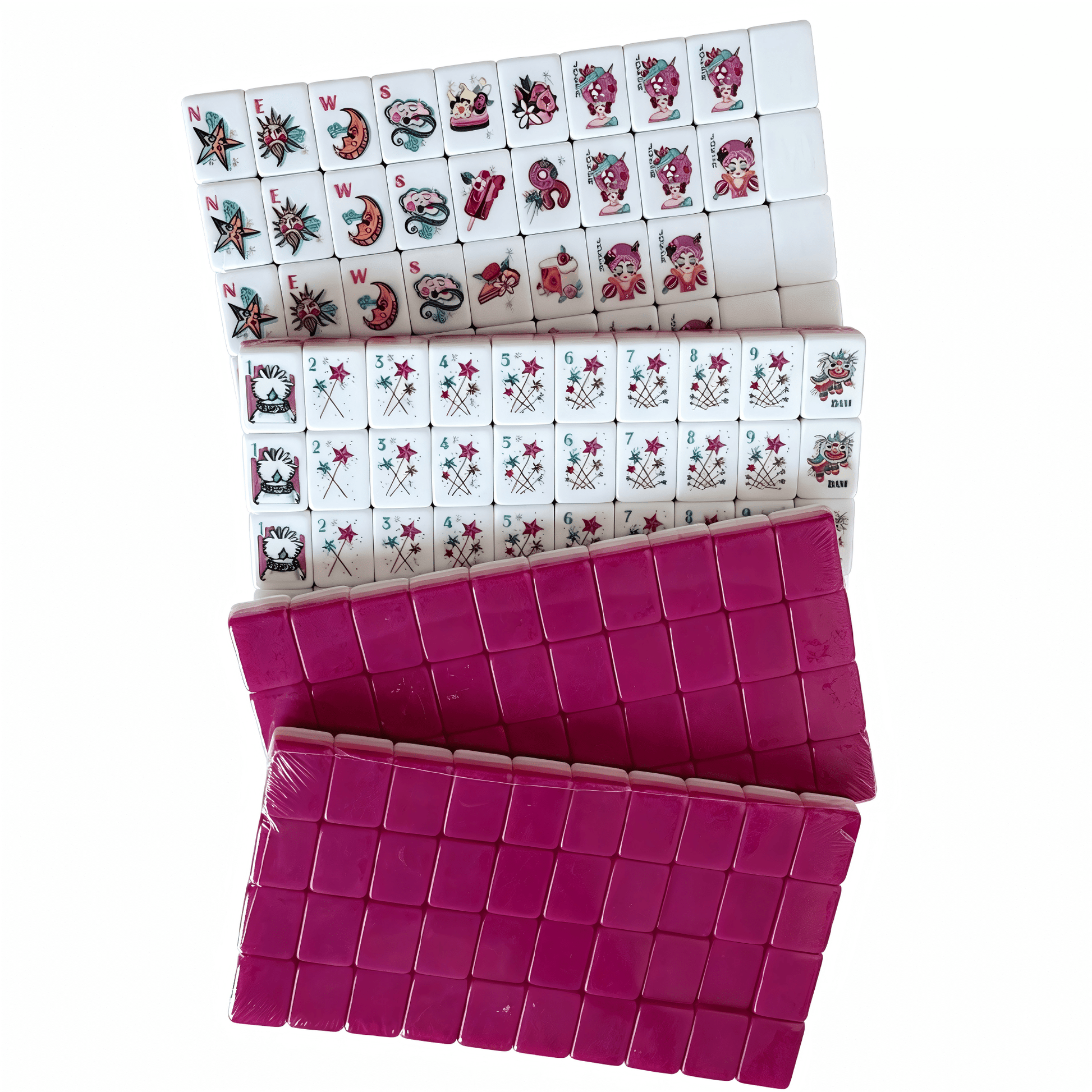 American Mahjong Set with 160 weighted tiles featuring deep magenta backs and playful candy design by USA Mahjong Co.