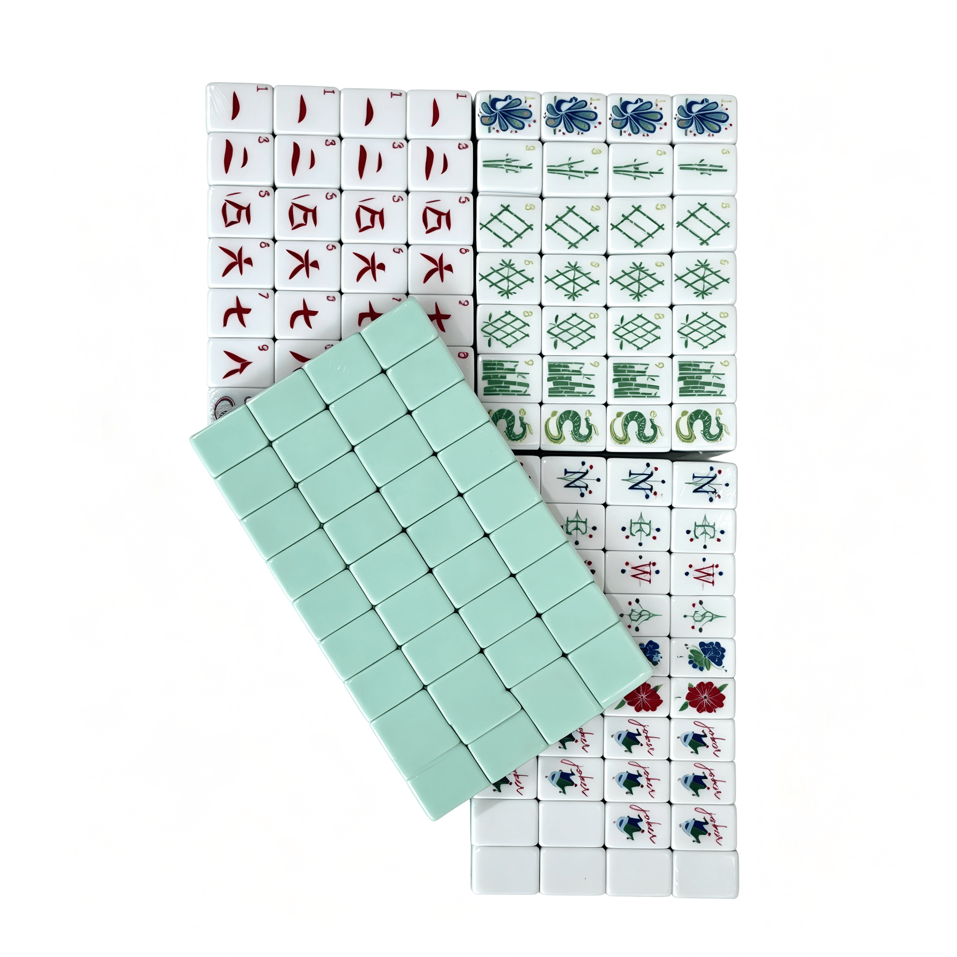 American Mahjong Set by USA Mahjong Co. featuring 166 mint and azure tiles, whimsical monkey jokers