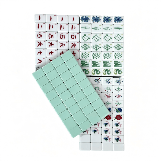 American Mahjong Set by USA Mahjong Co. featuring 166 mint and azure tiles, whimsical monkey jokers