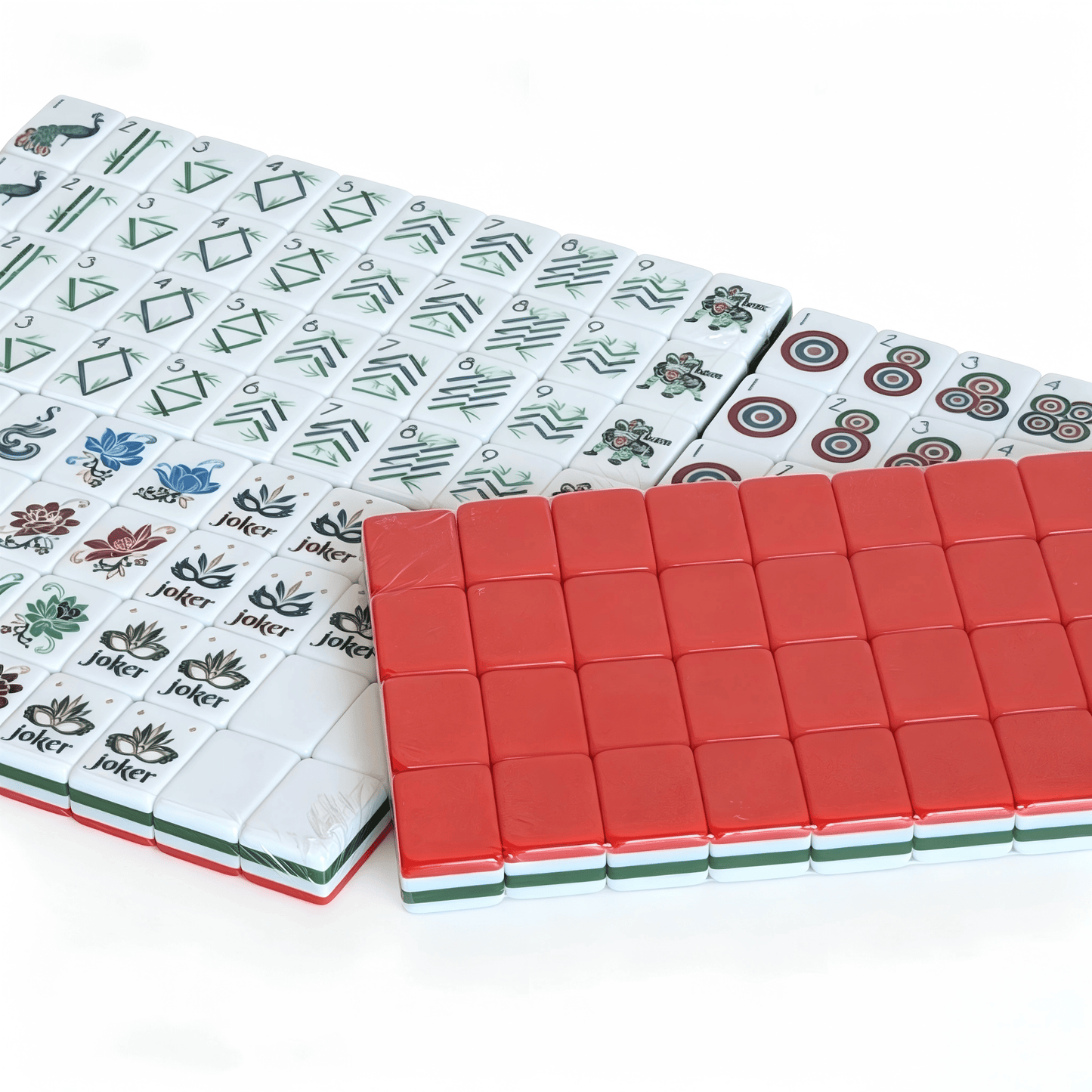 Modern American Mahjong Set by USA Mahjong Co. with 160 weighted tiles featuring vibrant coral red backs
