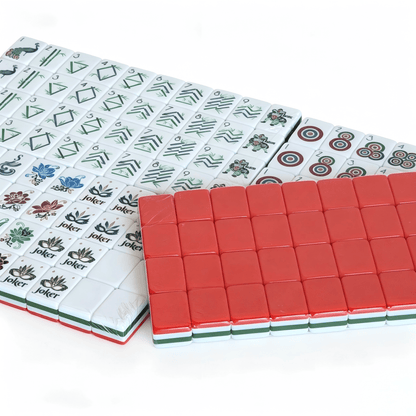 Modern American Mahjong Set by USA Mahjong Co. with 160 weighted tiles featuring vibrant coral red backs