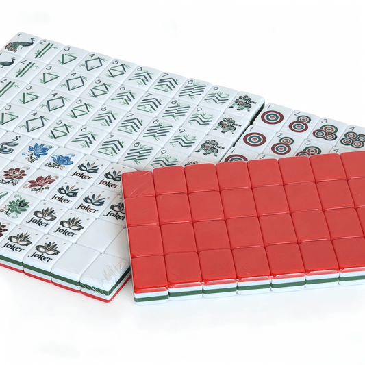 Modern American Mahjong Set by USA Mahjong Co. with 166 weighted tiles featuring vibrant coral red backs