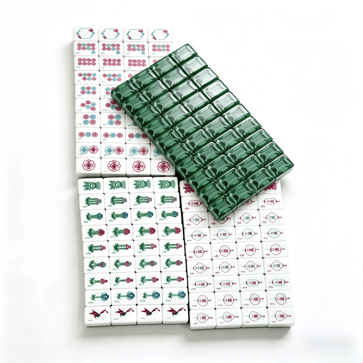 Luxury American Mahjong set with 160 white tiles featuring translucent jade-green backs, designed by USA Mahjong Co.