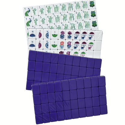 American Mahjong set by USA Mahjong Co. with 160 tiles featuring purple glitter backs and weighted tiles for added stability
