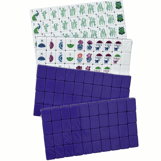 American Mahjong set by USA Mahjong Co. with 166 tiles featuring purple glitter backs and weighted tiles for added stability