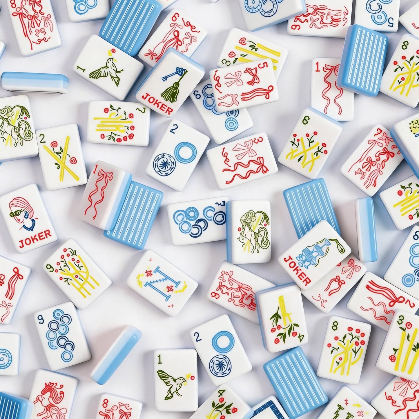 American Mahjong Set by USA Mahjong Co. with 160 weighted tiles featuring blue and white striped backs