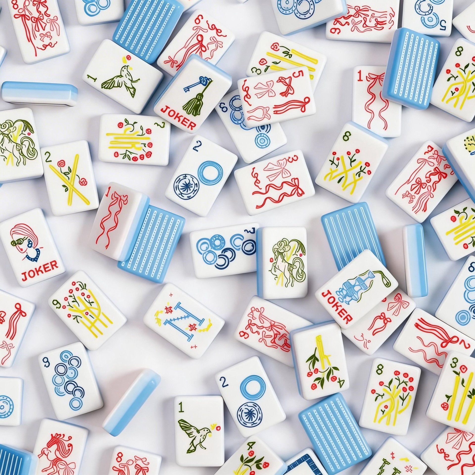 American Mahjong Set by USA Mahjong Co. with 160 weighted tiles featuring blue and white striped backs