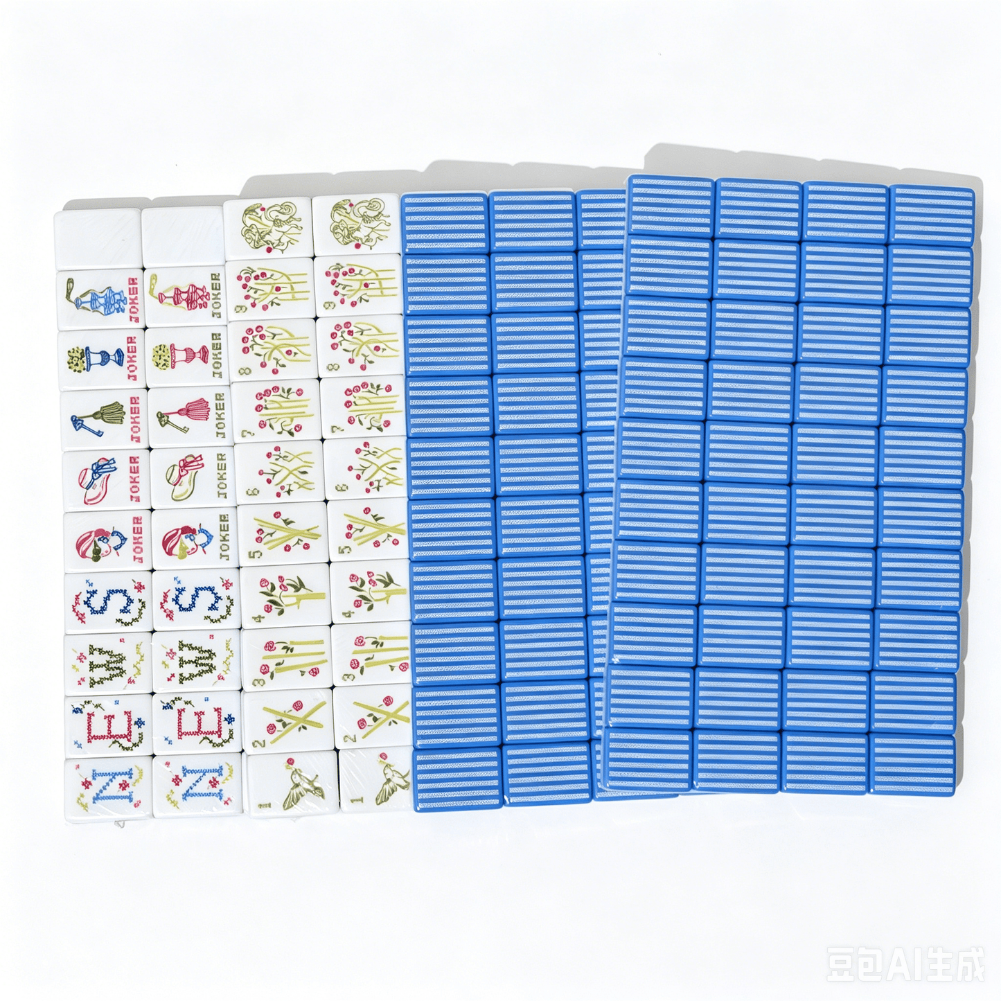 American Mahjong Set by USA Mahjong Co. with 166 weighted tiles featuring blue and white striped backs