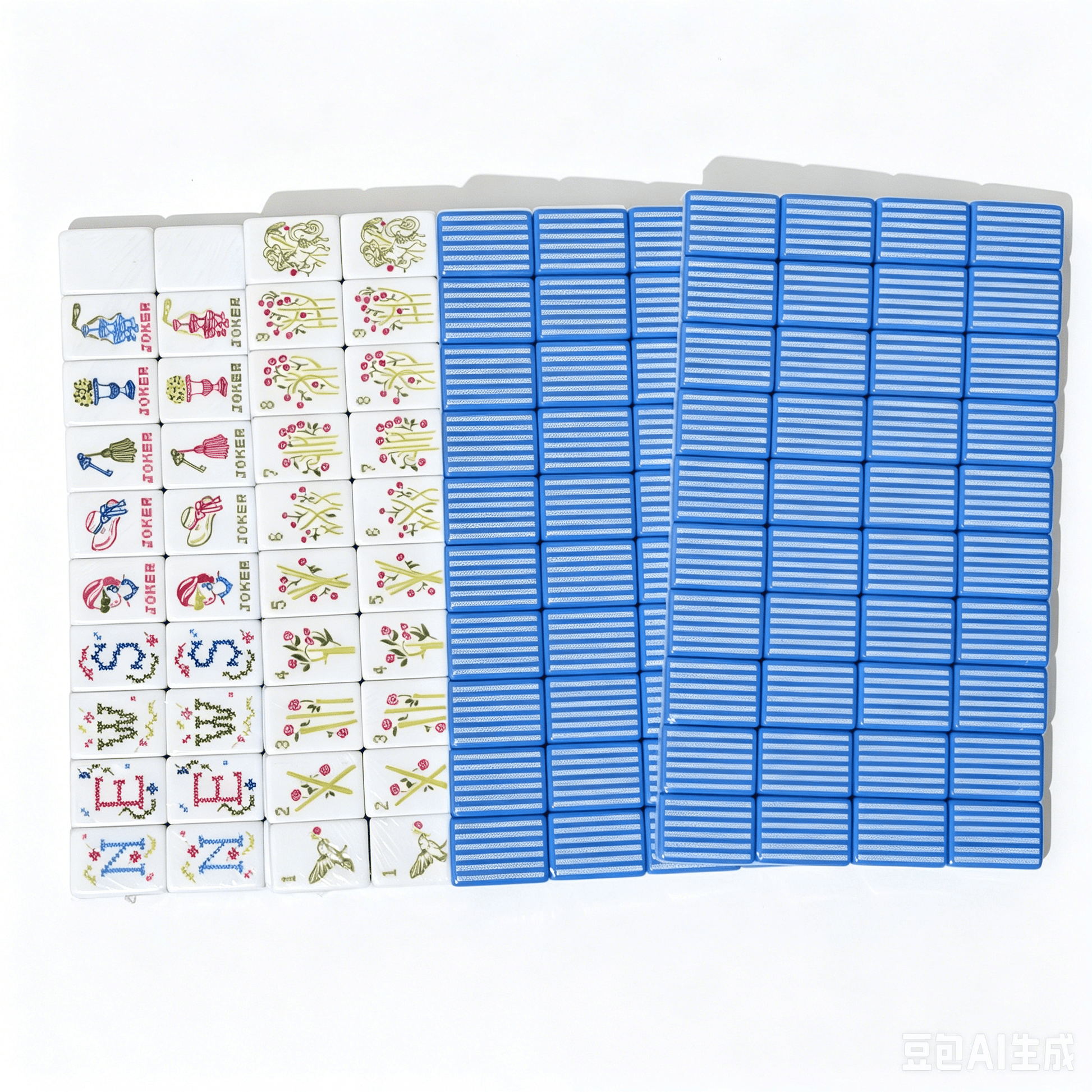 American Mahjong Set by USA Mahjong Co. with 166 weighted tiles featuring blue and white striped backs