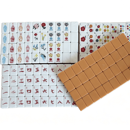 American Mahjong Set by USA Mahjong Co. with 160 warm caramel-backed tiles, floral vase jokers, and 32g weighted tiles
