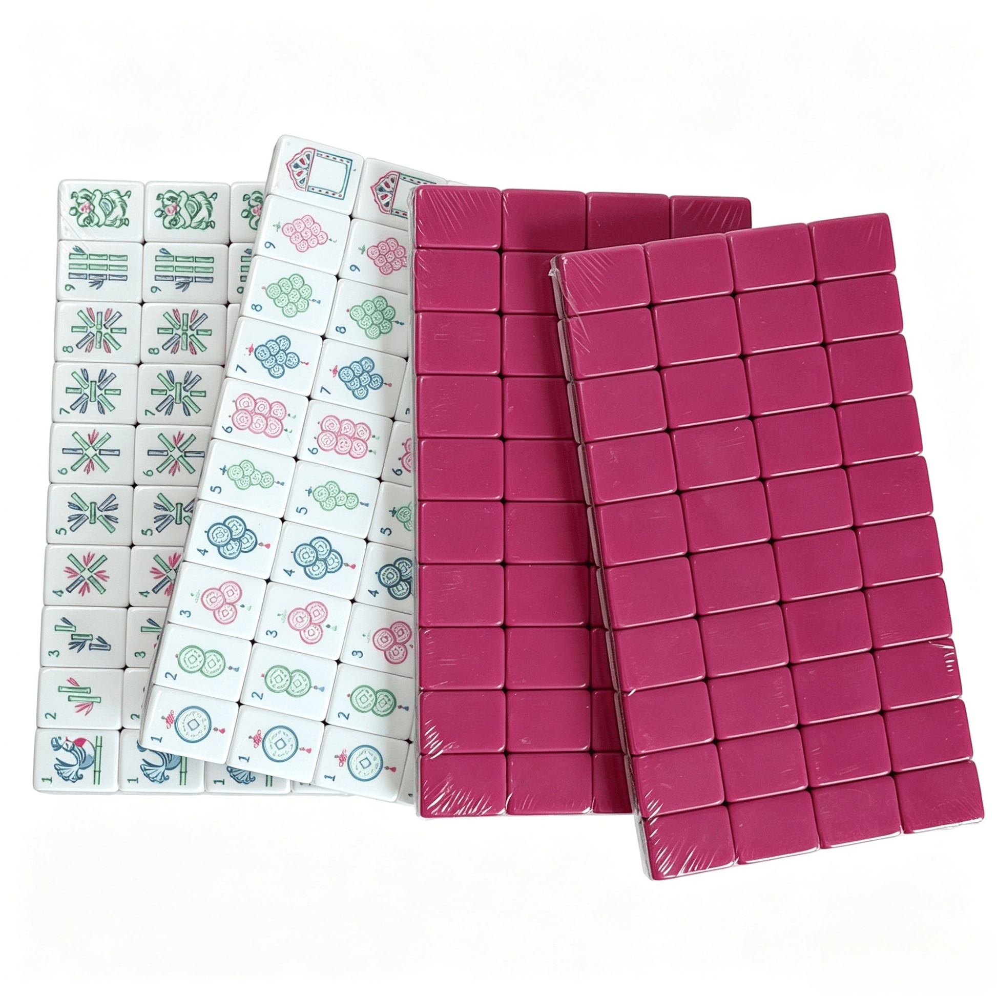 American Mahjong Set by USA Mahjong Co. with 160 weighted acrylic tiles featuring magenta, grey-blue backs.